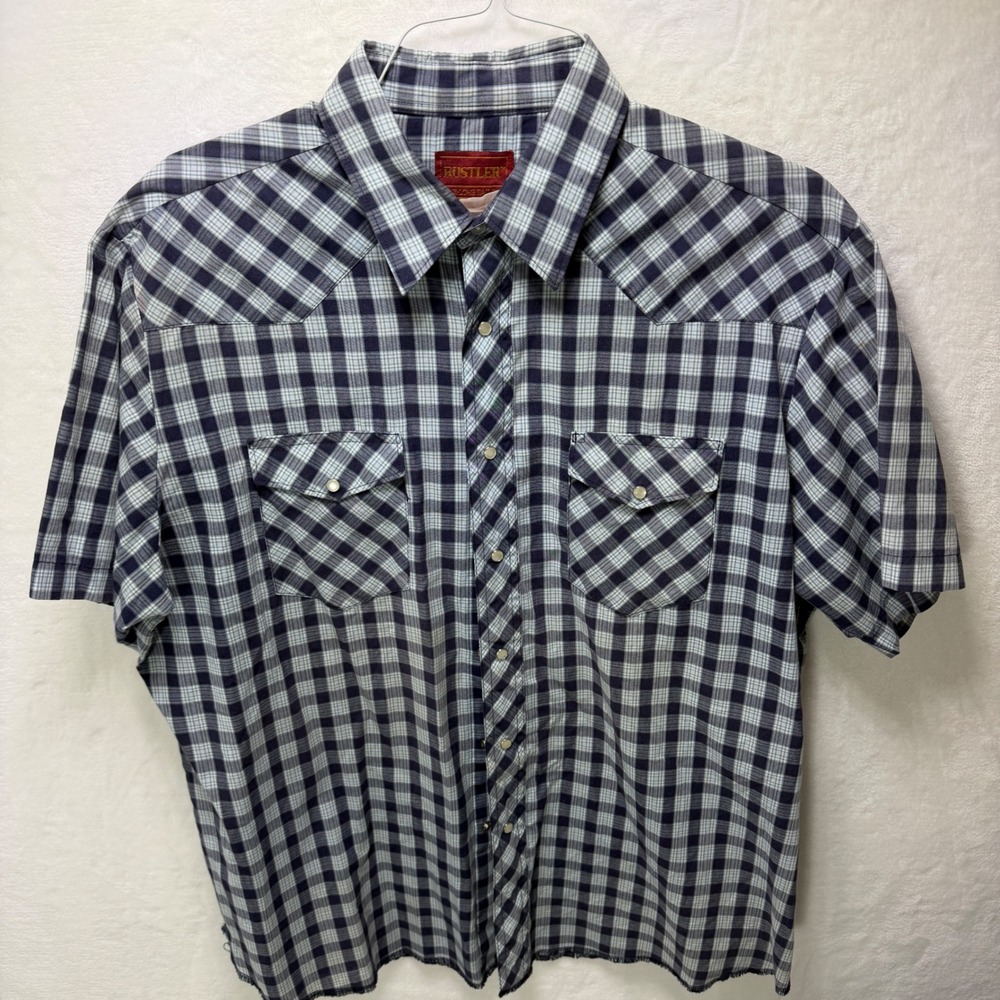 VTG Rustler Mens XL Short Sleeve Pearl Snap Western Plaid Shirt Navy Blue Check